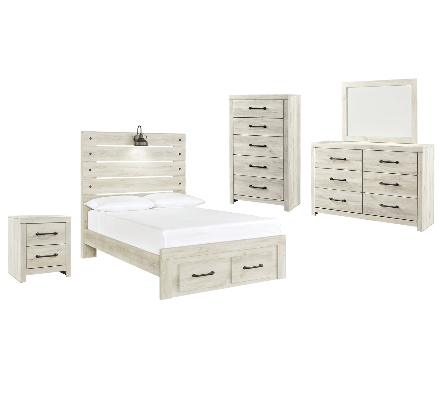 Cambeck Panel Bed With 2 Storage Drawers With Mirrored Dresser, Chest And Nightstand