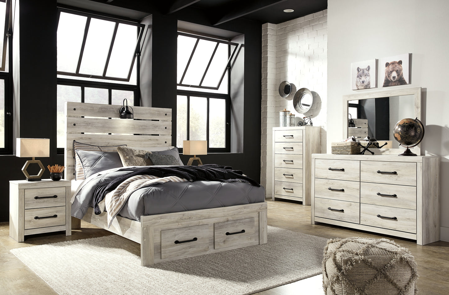 Cambeck Panel Bed With 2 Storage Drawers With Mirrored Dresser, Chest And Nightstand