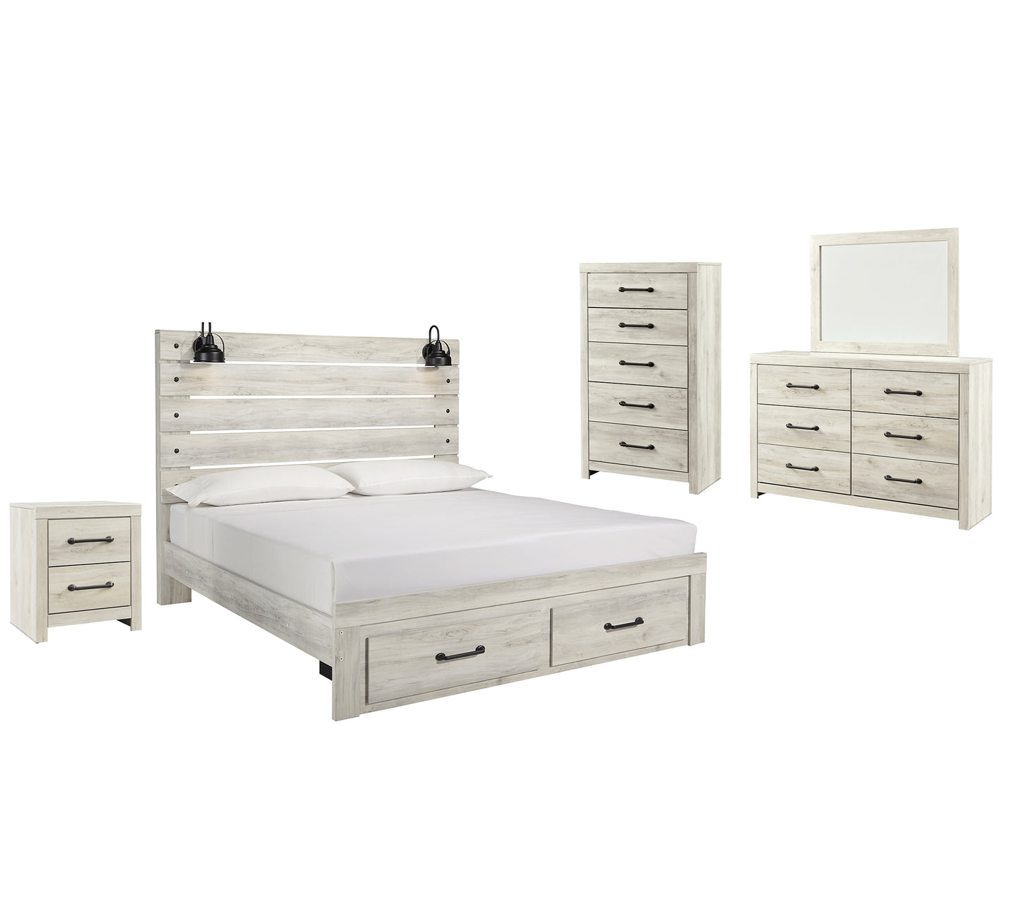 Cambeck Panel Bed With 2 Storage Drawers With Mirrored Dresser, Chest And Nightstand
