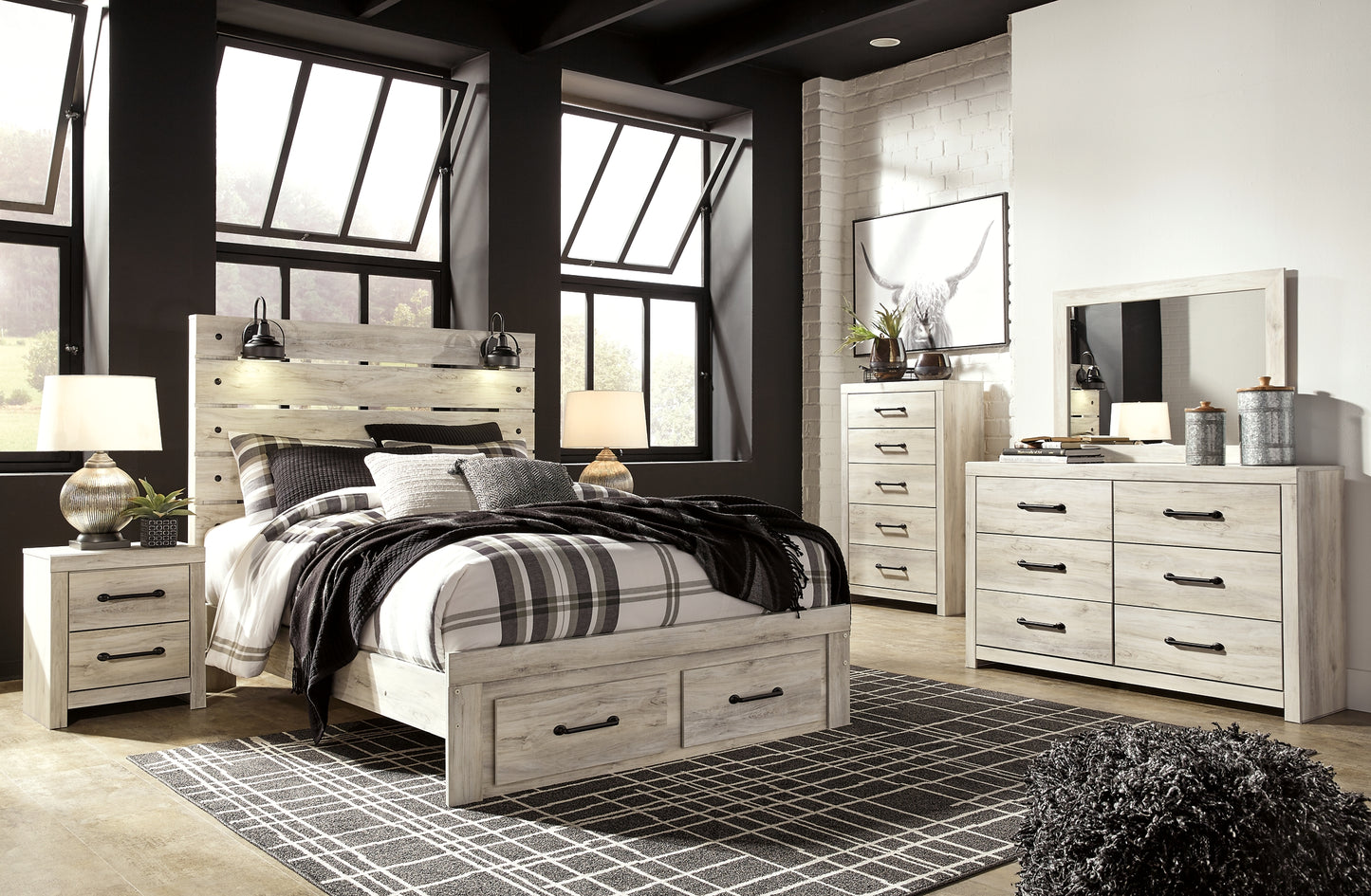Cambeck Panel Bed With 2 Storage Drawers With Mirrored Dresser, Chest And Nightstand