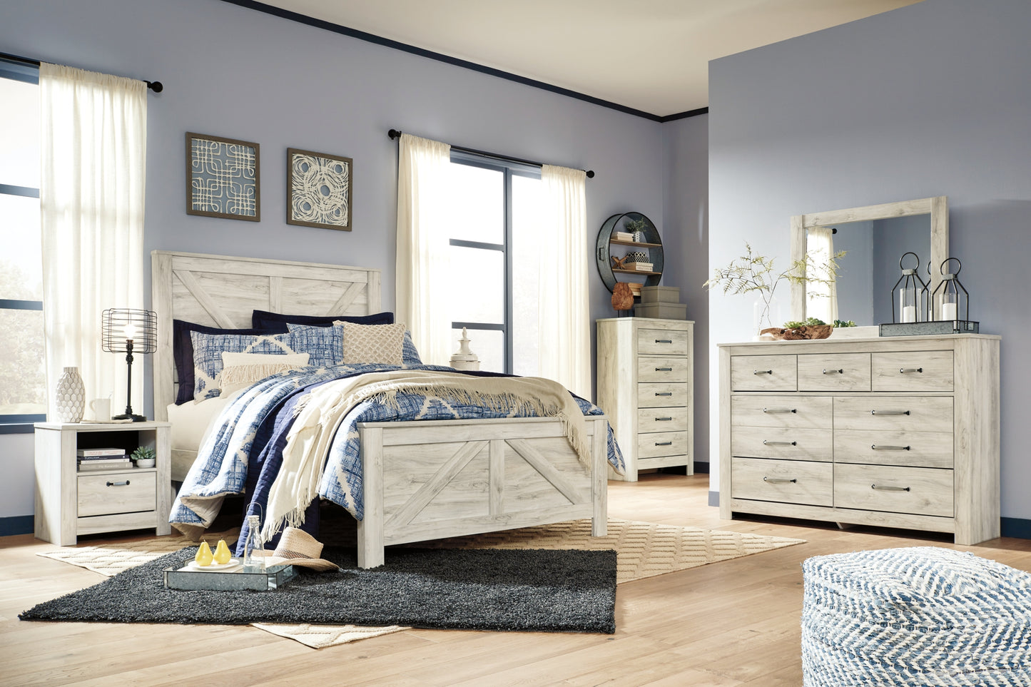 Bellaby  Crossbuck Panel Bed With Mirrored Dresser, Chest And 2 Nightstands